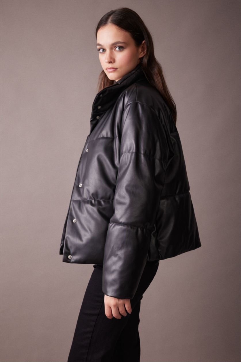 WOMAN Black Waterproof Relax Fit Faux Leather Puffer Jacket