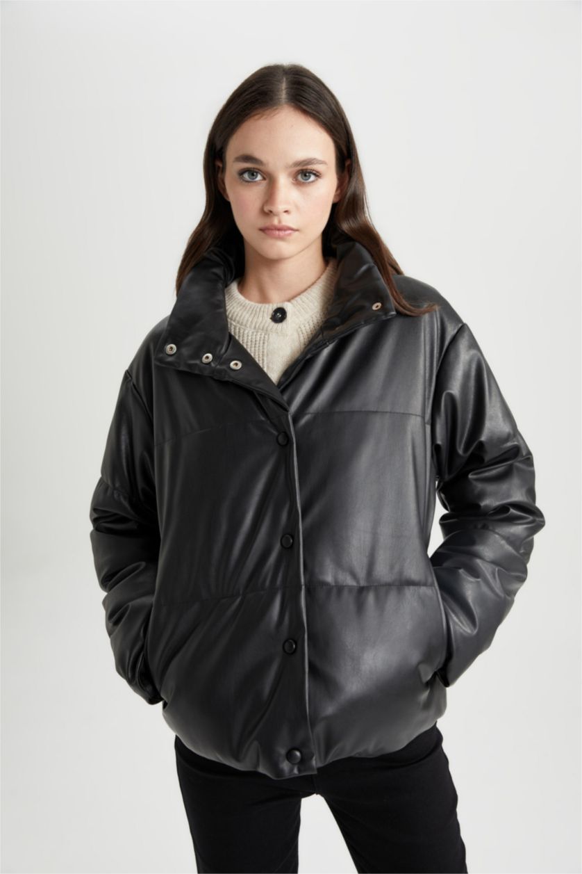 WOMAN Black Waterproof Relax Fit Faux Leather Puffer Jacket