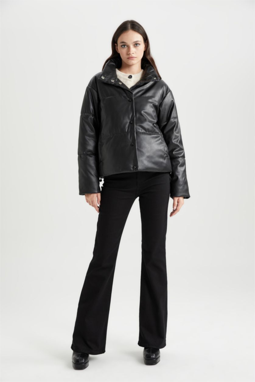 WOMAN Black Waterproof Relax Fit Faux Leather Puffer Jacket