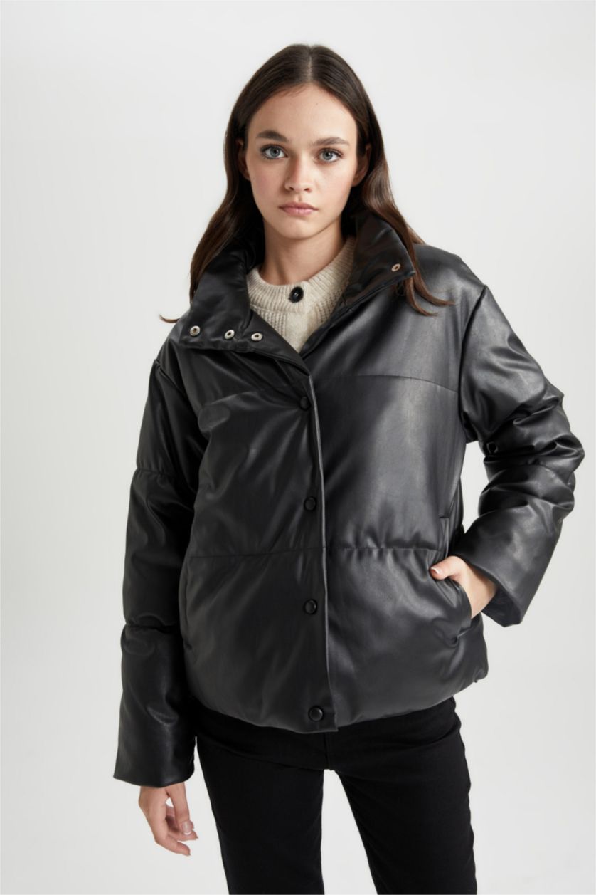 WOMAN Black Waterproof Relax Fit Faux Leather Puffer Jacket
