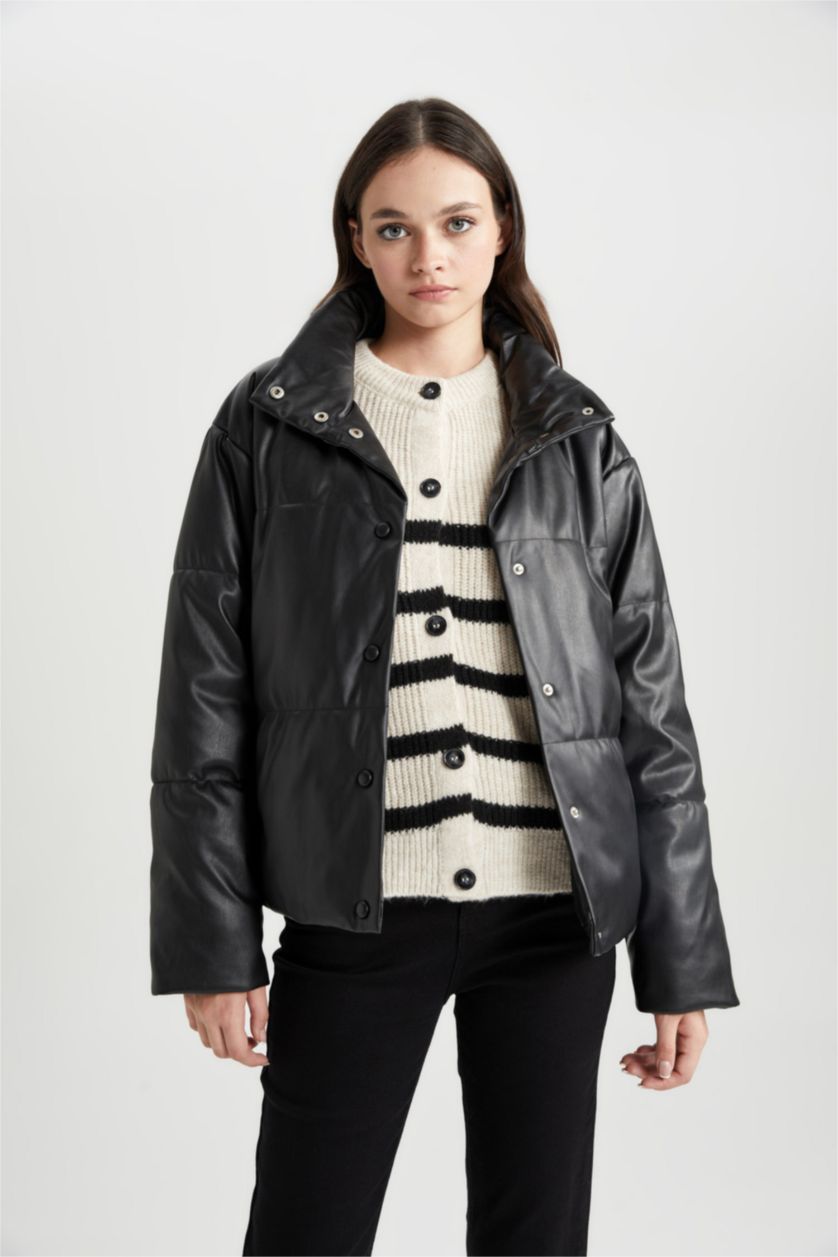 WOMAN Black Waterproof Relax Fit Faux Leather Puffer Jacket