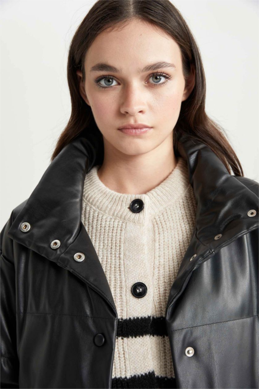 WOMAN Black Waterproof Relax Fit Faux Leather Puffer Jacket