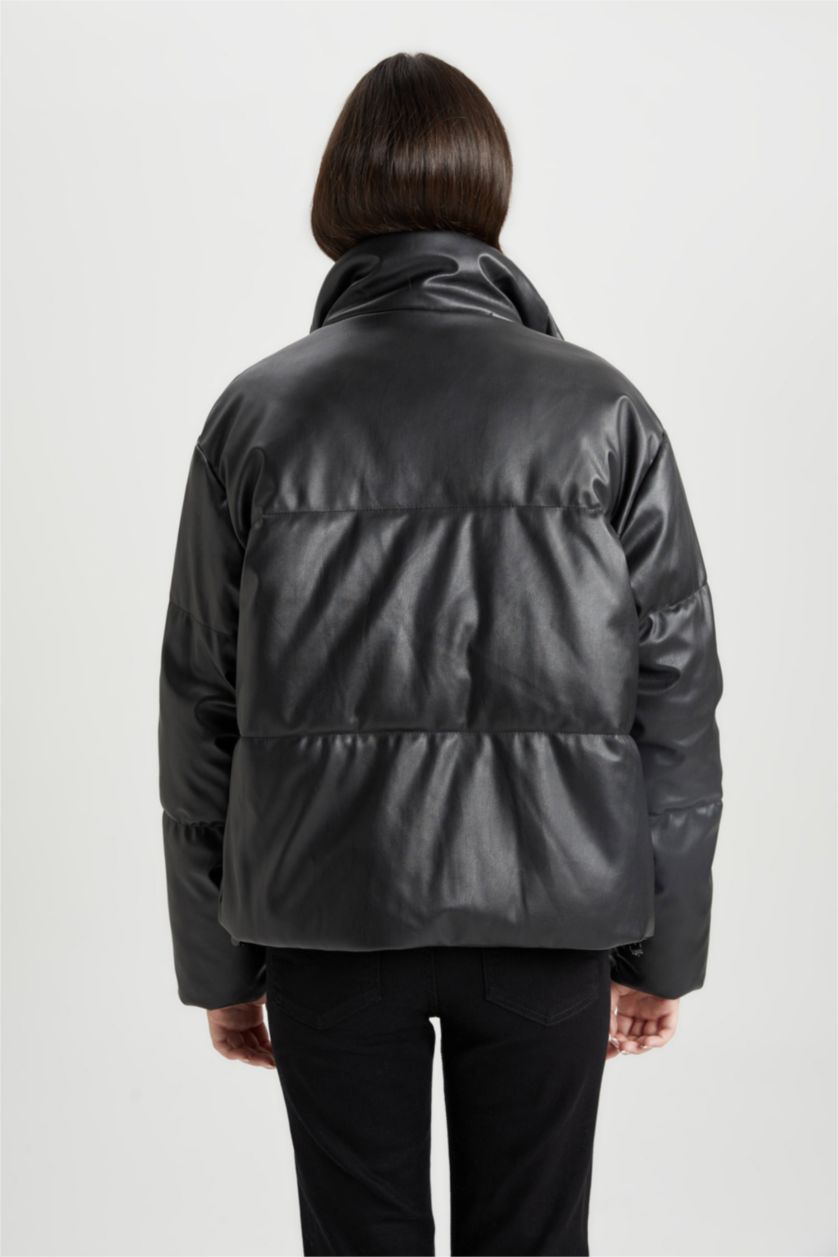 WOMAN Black Waterproof Relax Fit Faux Leather Puffer Jacket