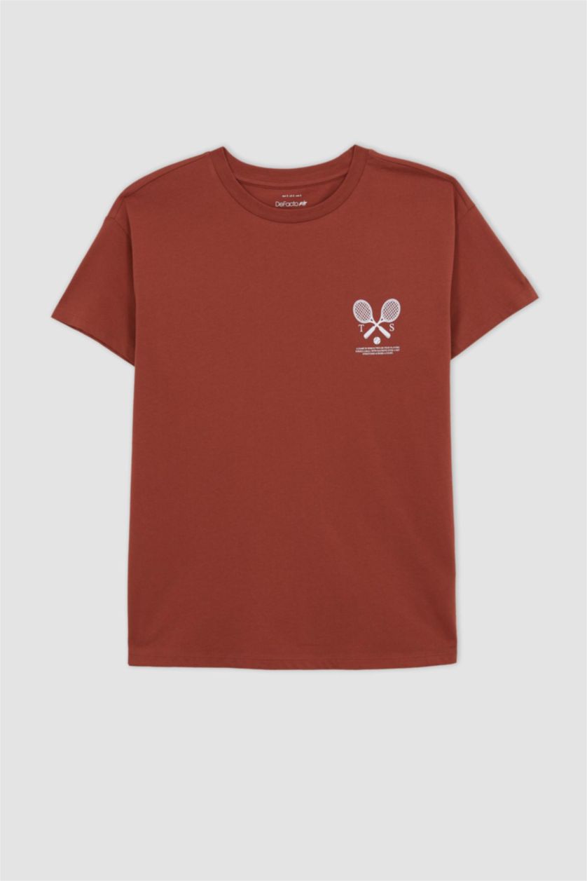 نساء اللون الطوبي تيشيرت واسع قطن بطباعة الشعار ورقبة مستديرة