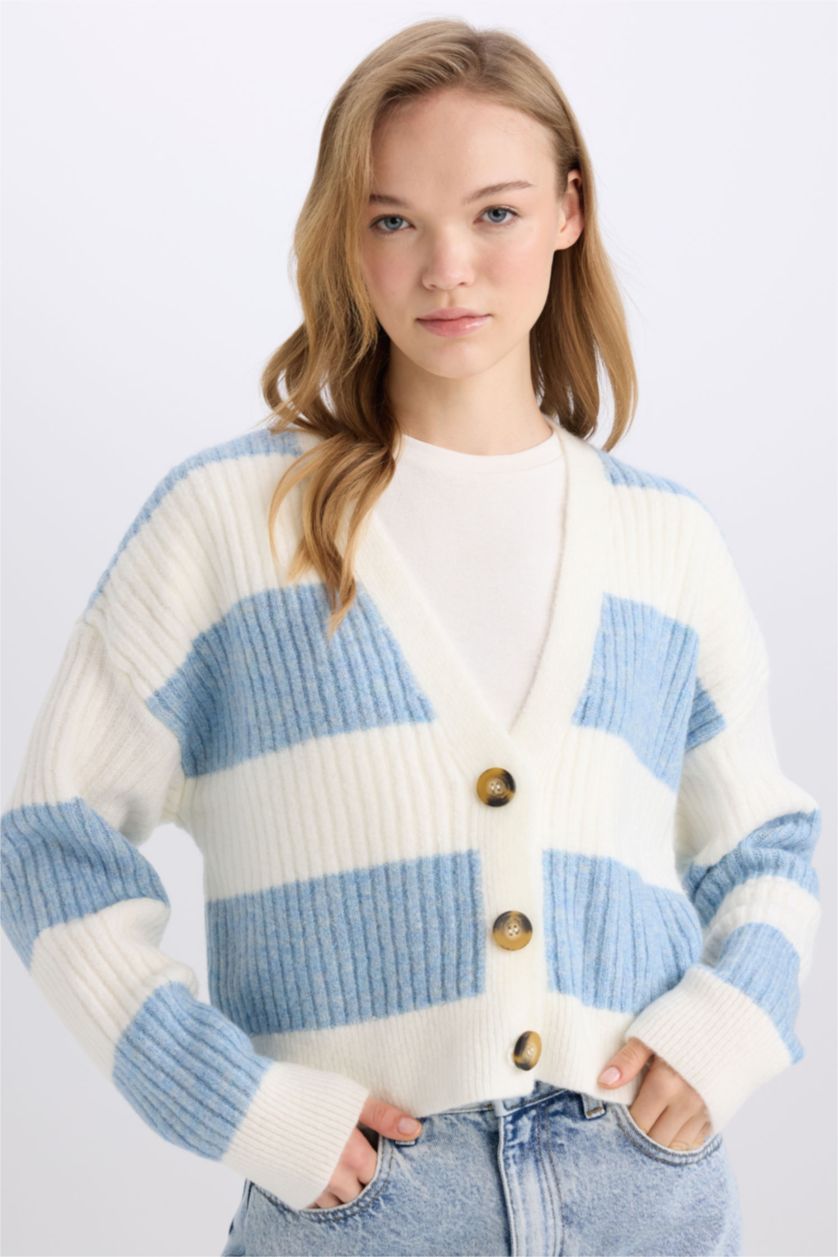 FEMME Bleu Cardigan en Tricot rayé à col en V et Coupe régulière