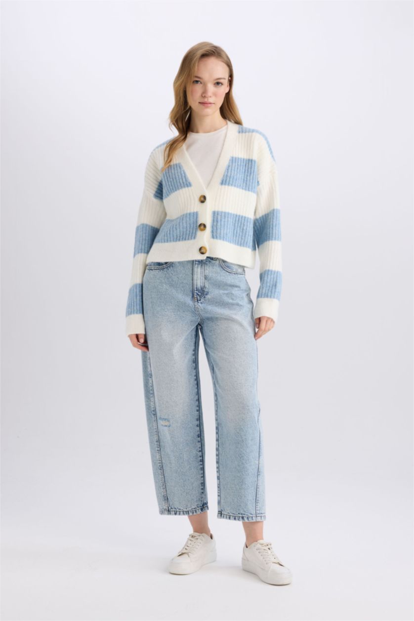 FEMME Bleu Cardigan en Tricot rayé à col en V et Coupe régulière