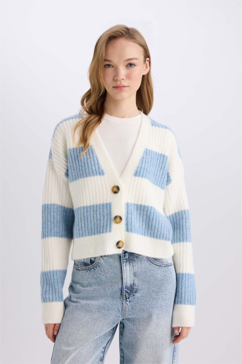 FEMME Bleu Cardigan en Tricot rayé à col en V et Coupe régulière