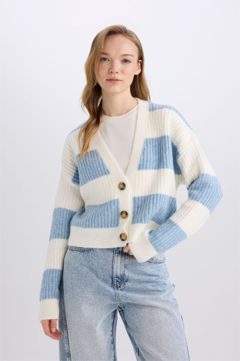 FEMME Bleu Cardigan en Tricot rayé à col en V et Coupe régulière