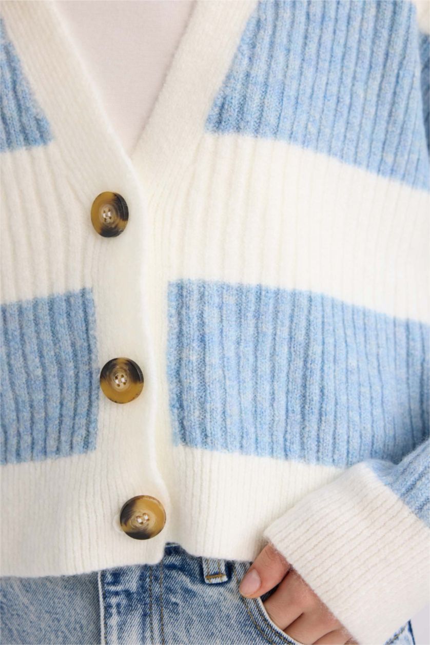 FEMME Bleu Cardigan en Tricot rayé à col en V et Coupe régulière