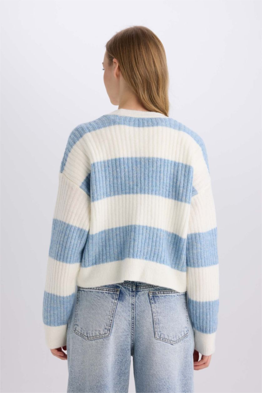 FEMME Bleu Cardigan en Tricot rayé à col en V et Coupe régulière