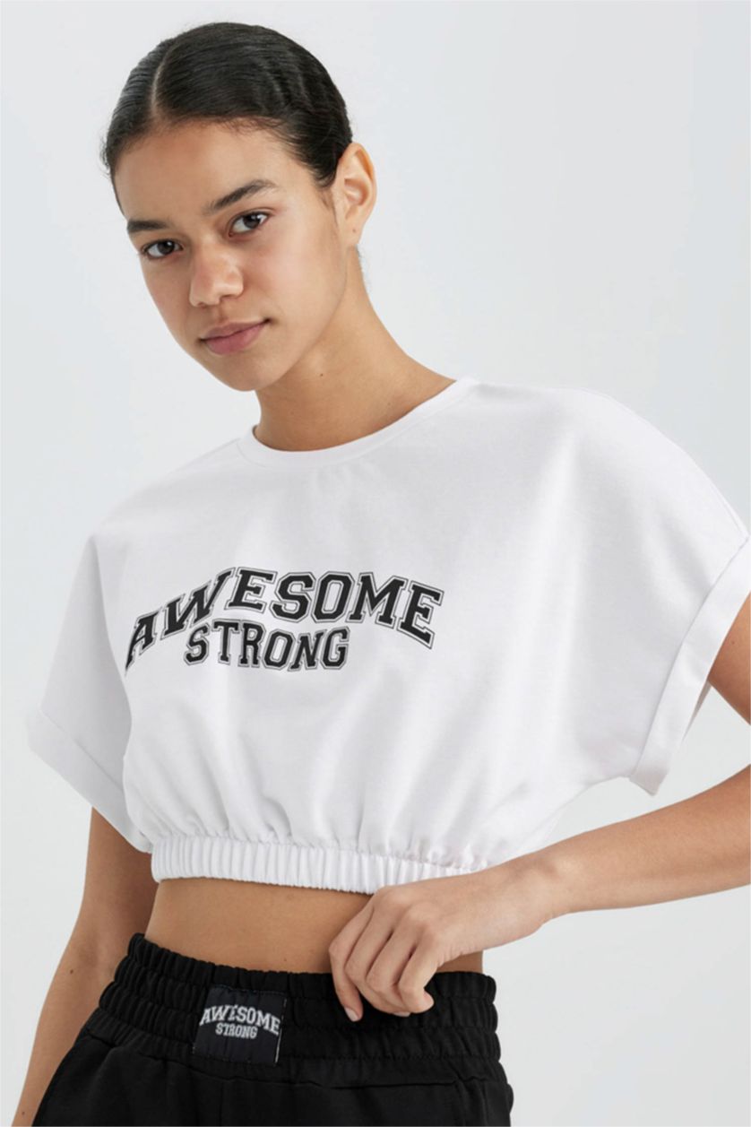 Woman White Defacto Fit Crop Crew Neck Slogan Printed Sportsman Short Sleeve T-Shirt