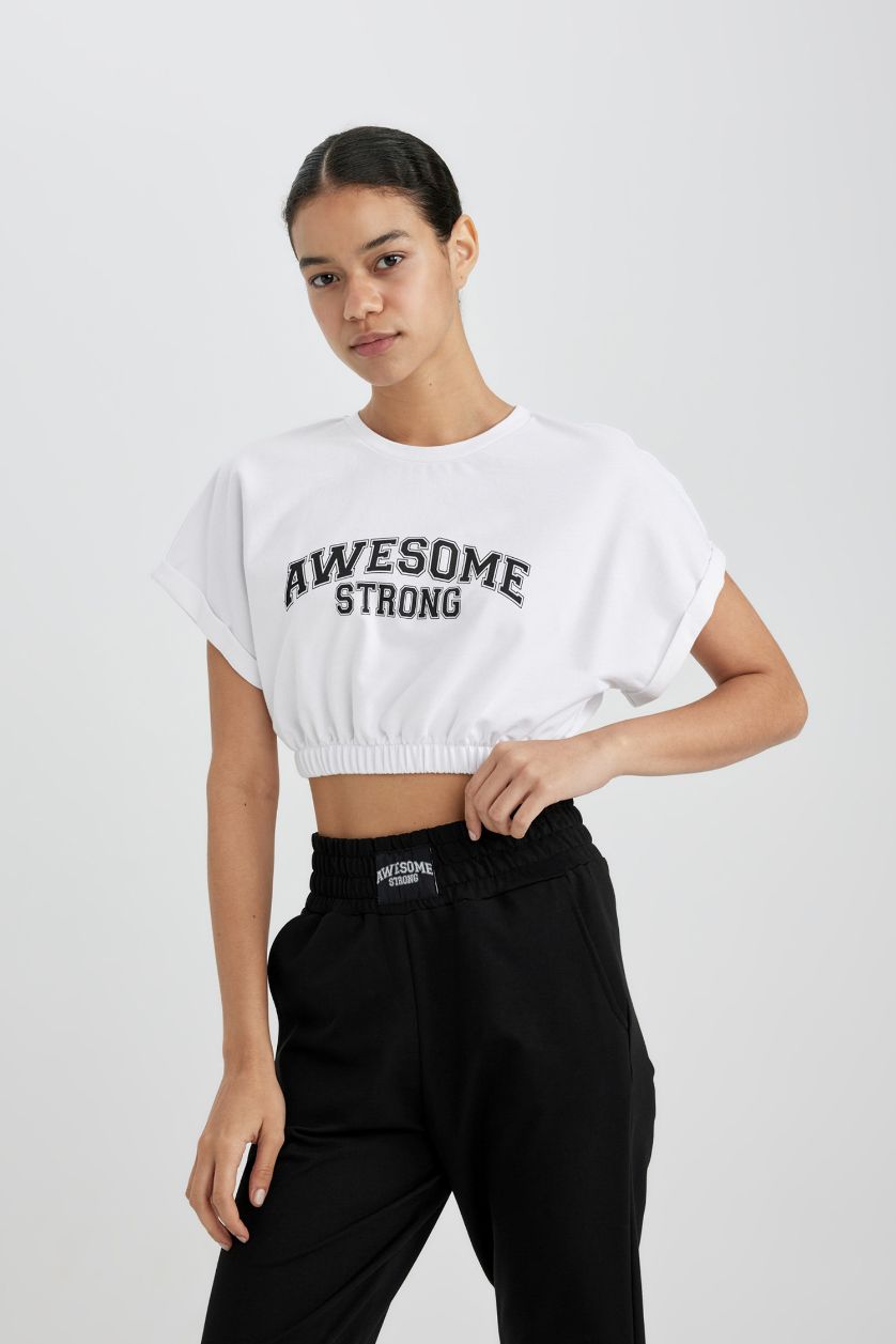 Woman White Defacto Fit Crop Crew Neck Slogan Printed Sportsman Short Sleeve T-Shirt