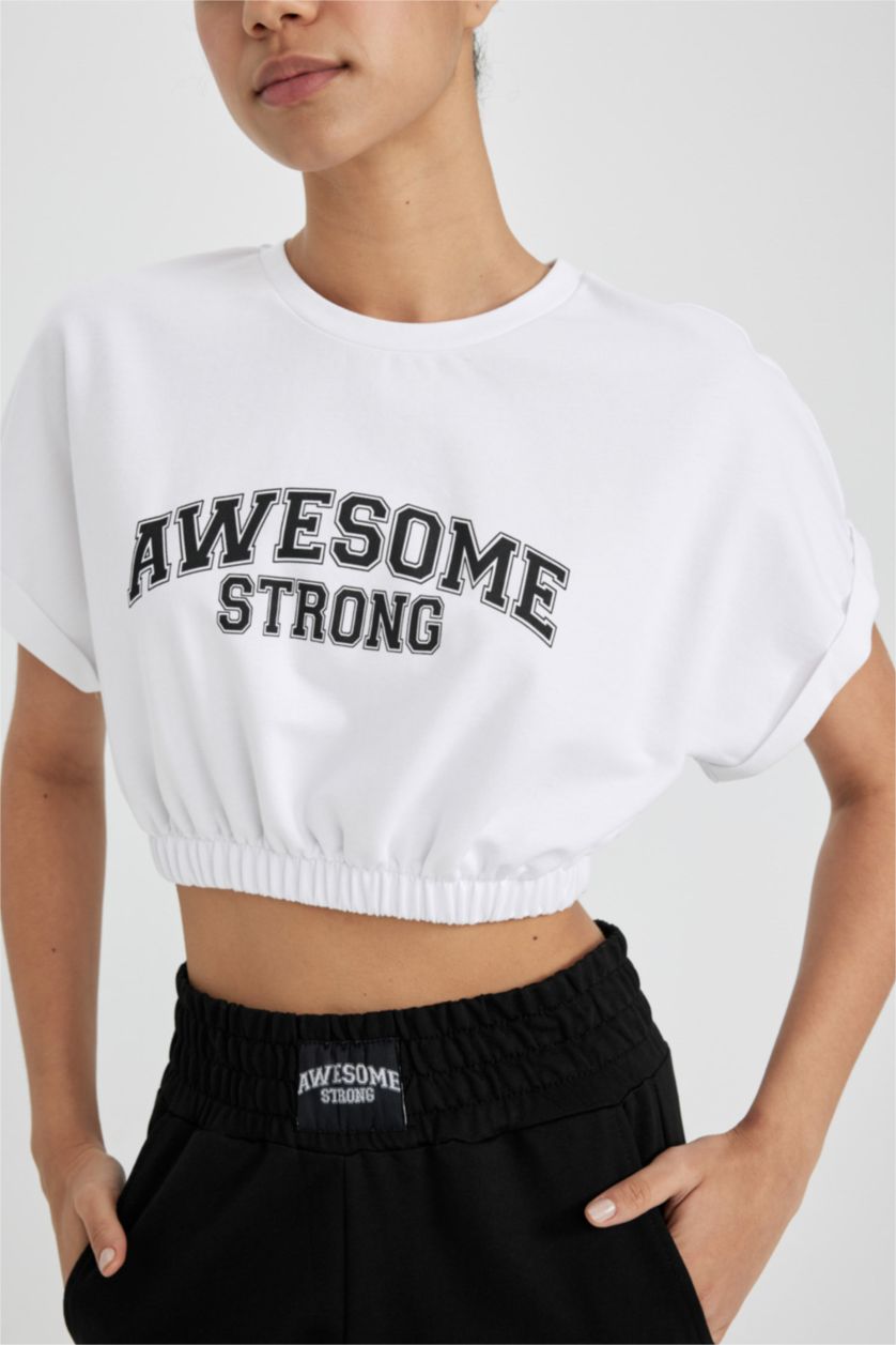 Woman White Defacto Fit Crop Crew Neck Slogan Printed Sportsman Short Sleeve T-Shirt