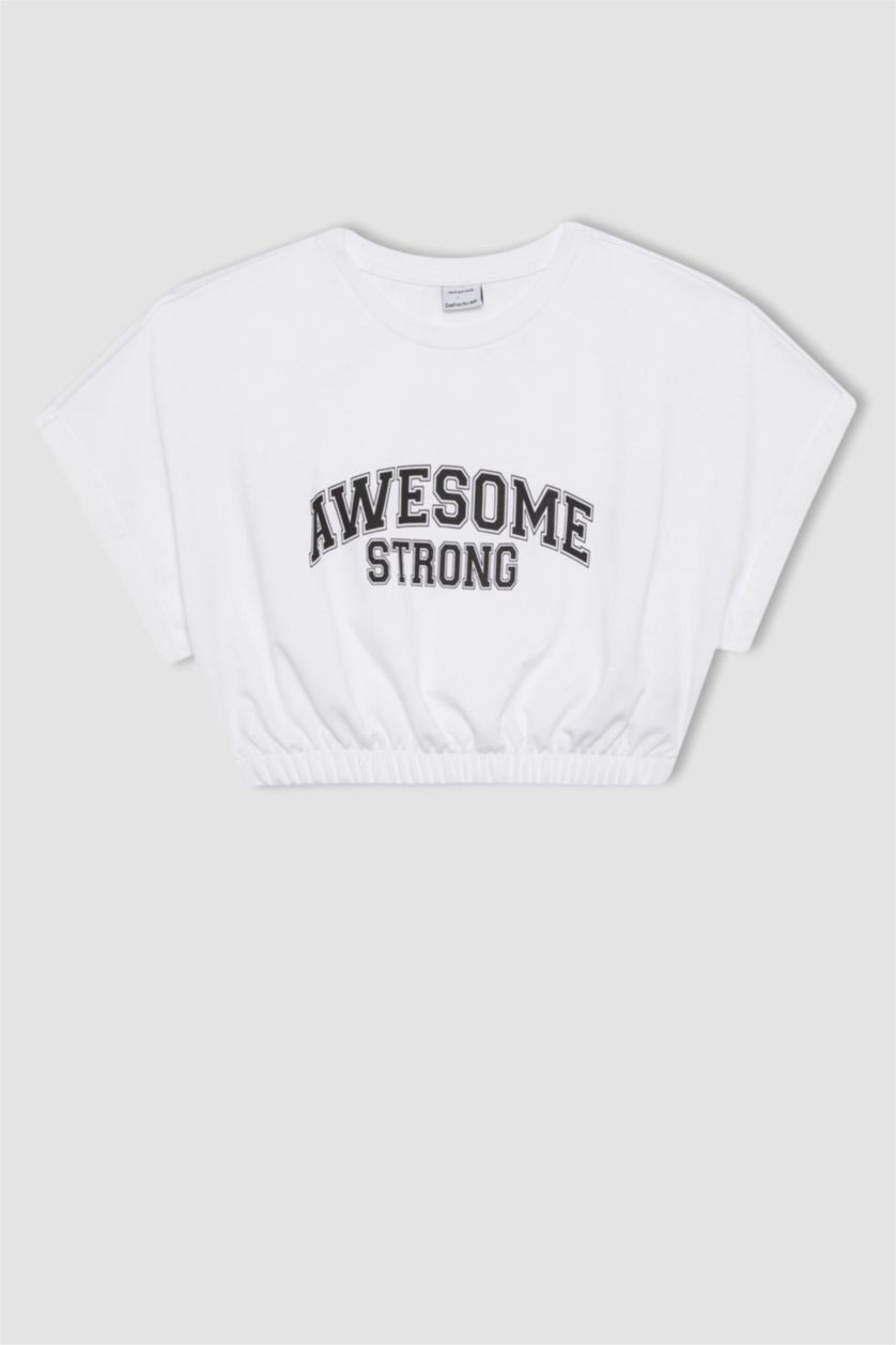 Woman White Defacto Fit Crop Crew Neck Slogan Printed Sportsman Short Sleeve T-Shirt