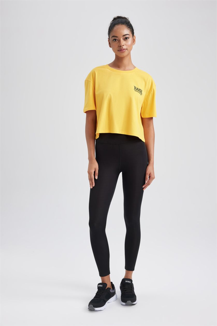 FEMME Jaune T-shirt de sport en coton à manches courtes et col rond de DeFactoFit