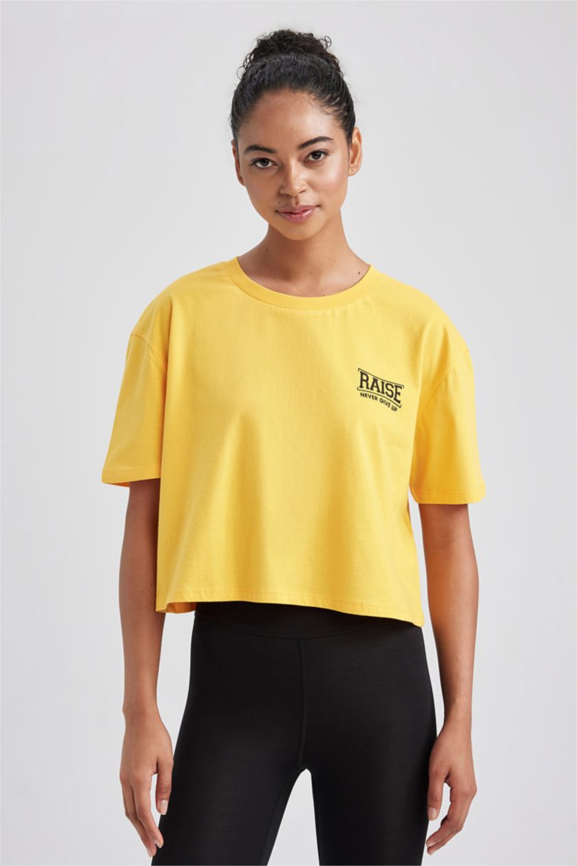 FEMME Jaune T-shirt de sport en coton à manches courtes et col rond de DeFactoFit