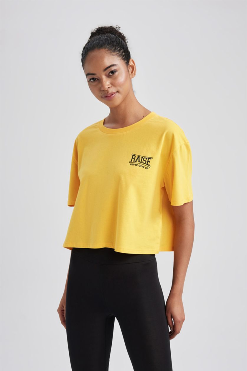 FEMME Jaune T-shirt de sport en coton à manches courtes et col rond de DeFactoFit