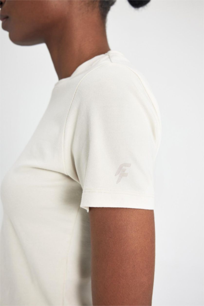 Kadın Kum Crop Bisiklet Yaka Sporcu Basic Düz Kısa Kollu Tişört