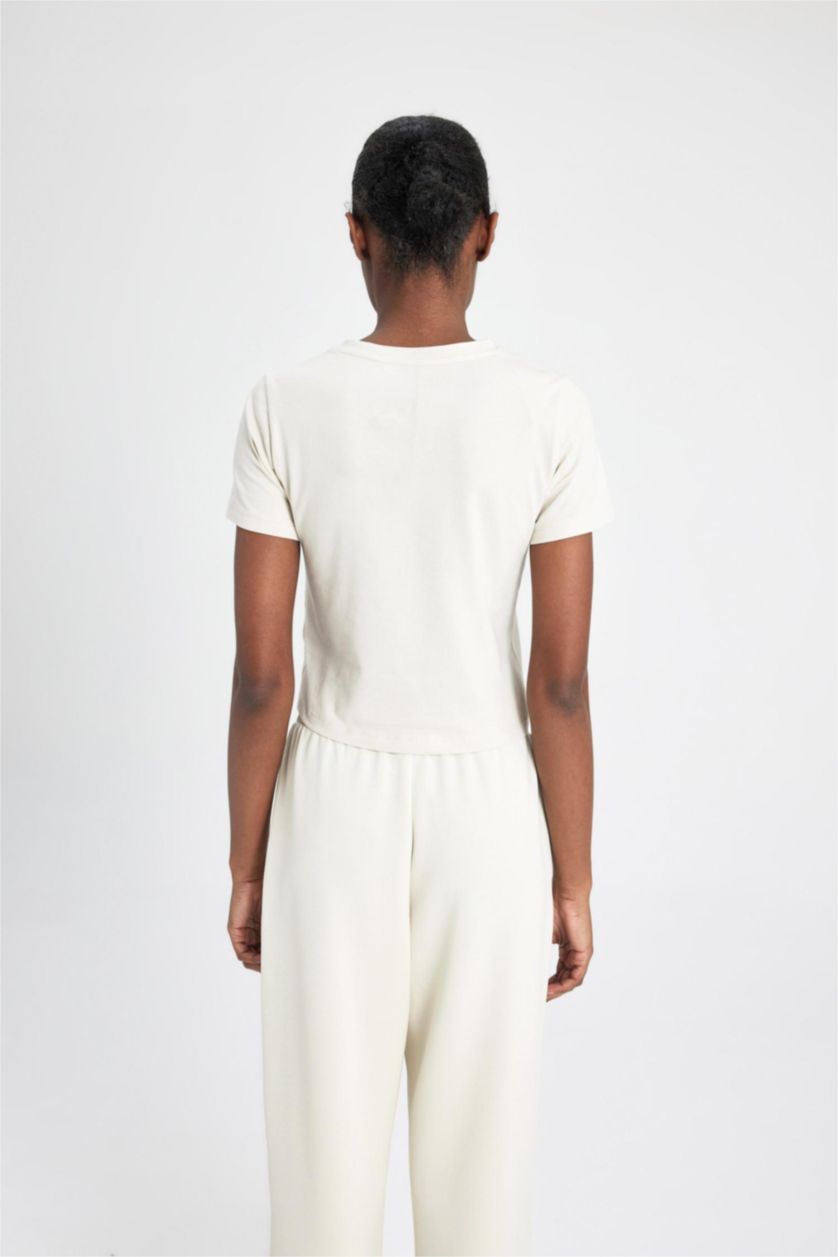 Kadın Kum Crop Bisiklet Yaka Sporcu Basic Düz Kısa Kollu Tişört