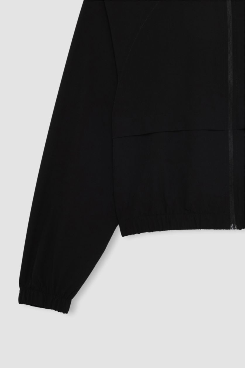 Woman Black DeFactoFit Crop Stand Collar Woven Cardigan