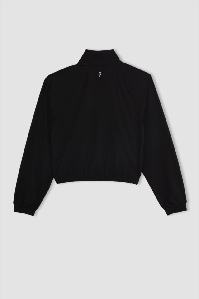 Woman Black DeFactoFit Crop Stand Collar Woven Cardigan