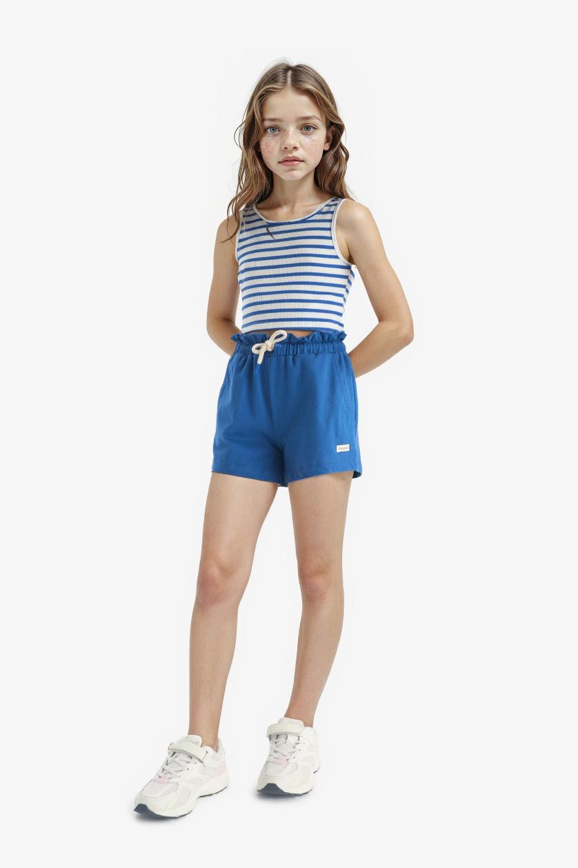 Kız Çocuk - Genç Kız Saks Beli Lastikli Baskılı Şort Kız Çocuk