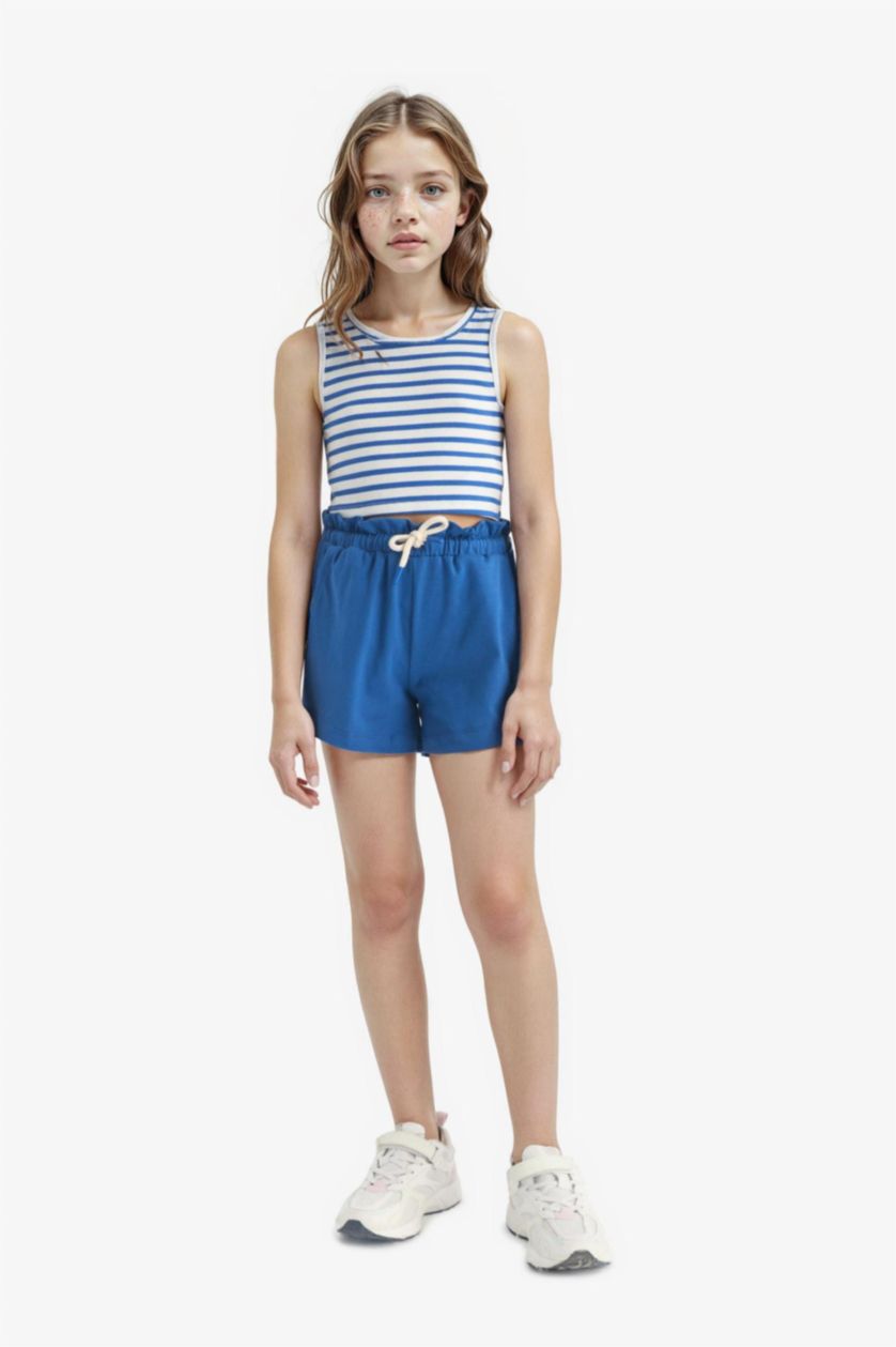 Kız Çocuk - Genç Kız Saks Beli Lastikli Baskılı Şort Kız Çocuk