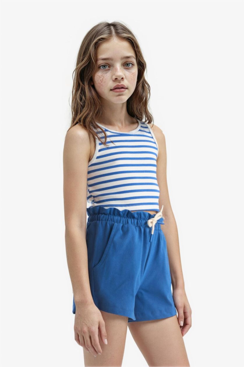 Kız Çocuk - Genç Kız Saks Beli Lastikli Baskılı Şort Kız Çocuk