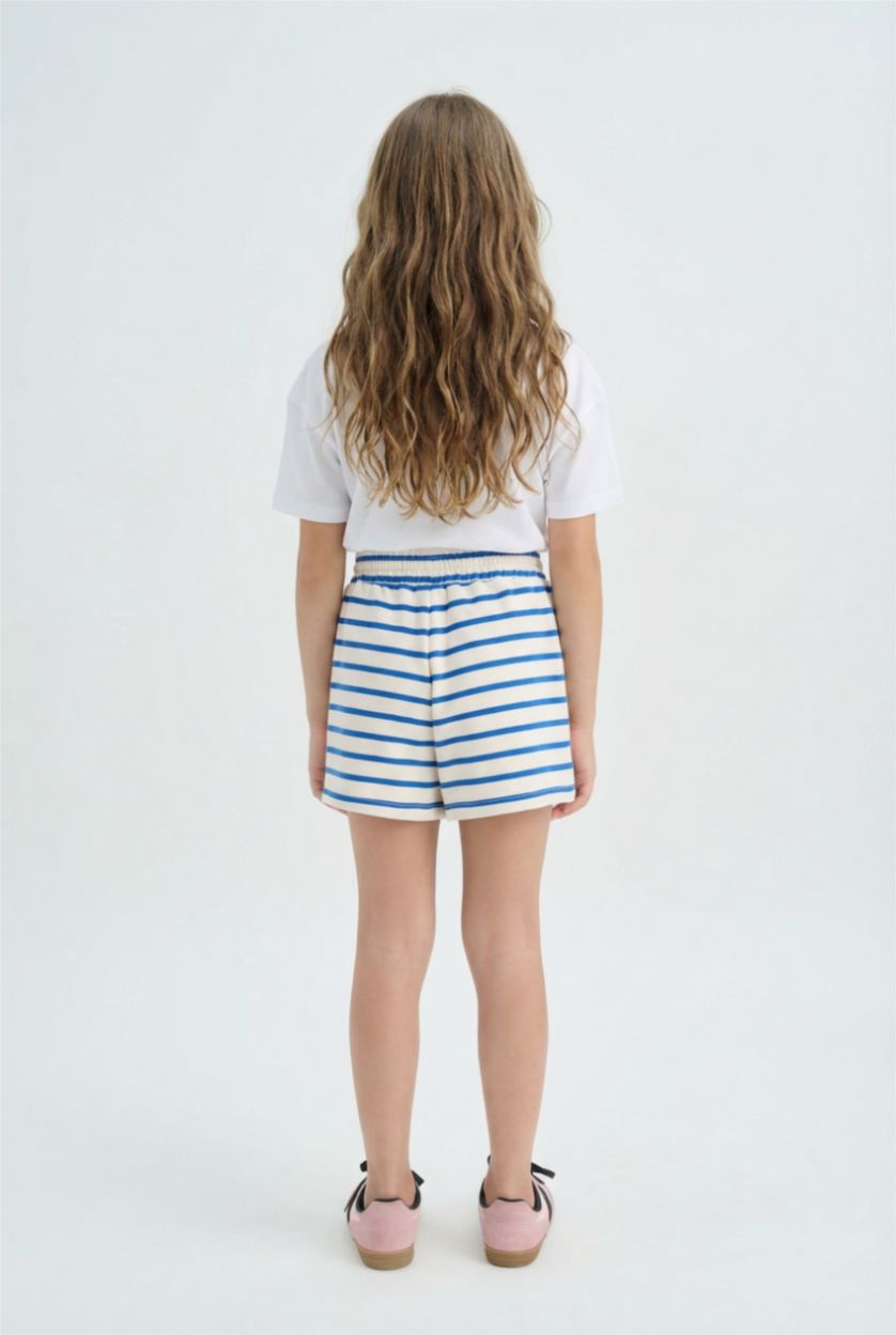 Kız Çocuk - Genç Kız Saks Beli Lastikli Çizgili Şort Kız Çocuk