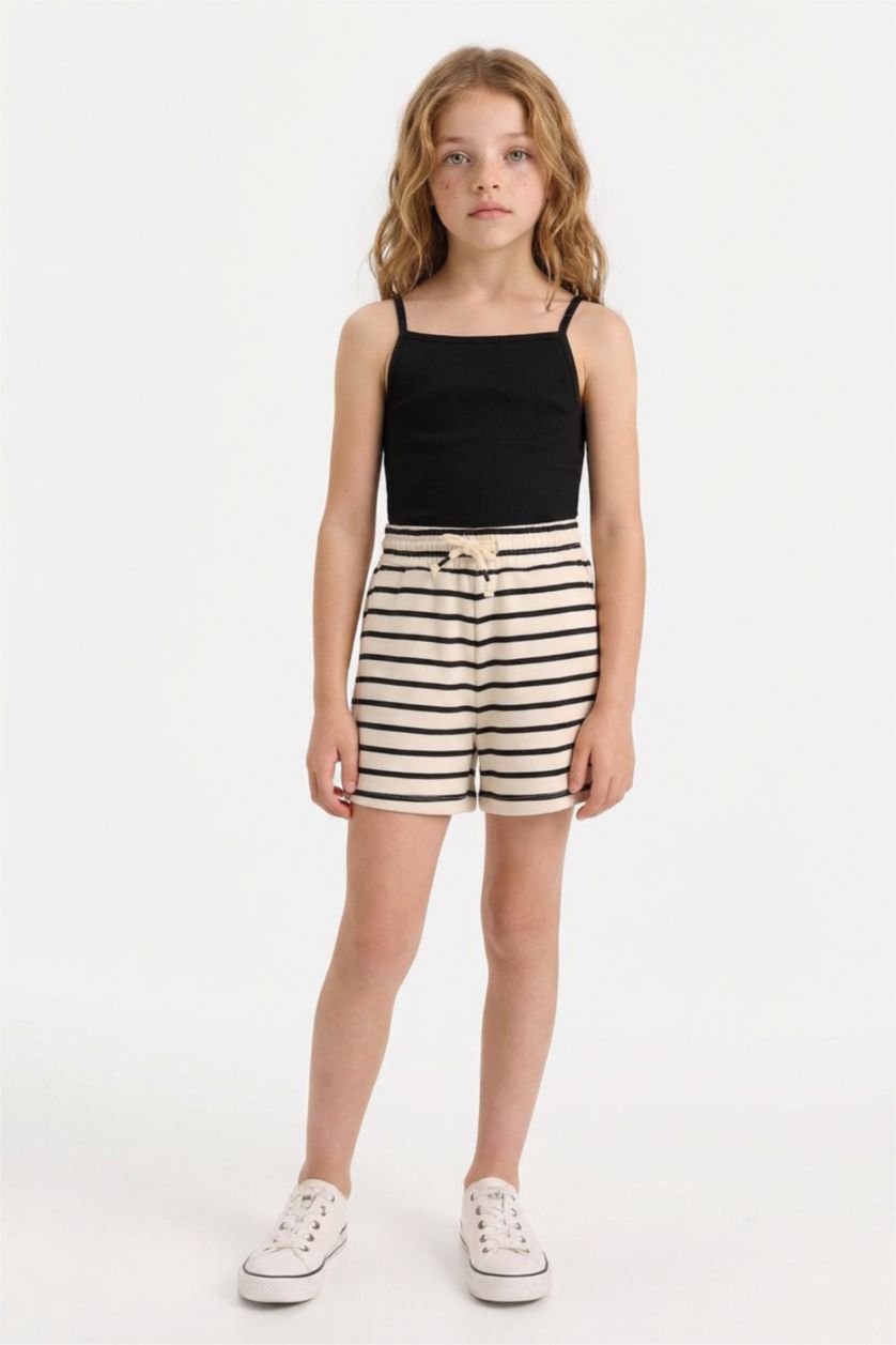 Kız Çocuk - Genç Kız Siyah Beli Lastikli Çizgili Şort Kız Çocuk