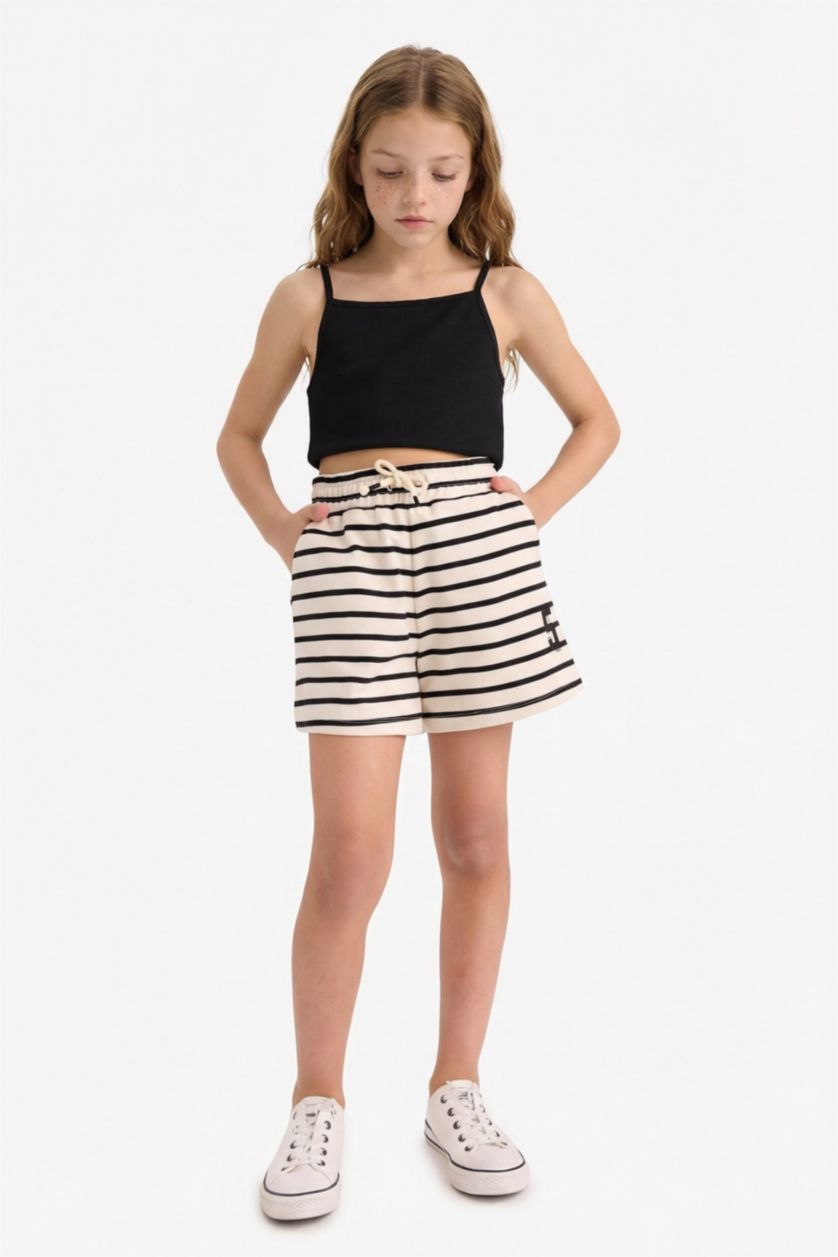 Kız Çocuk - Genç Kız Siyah Beli Lastikli Çizgili Şort Kız Çocuk