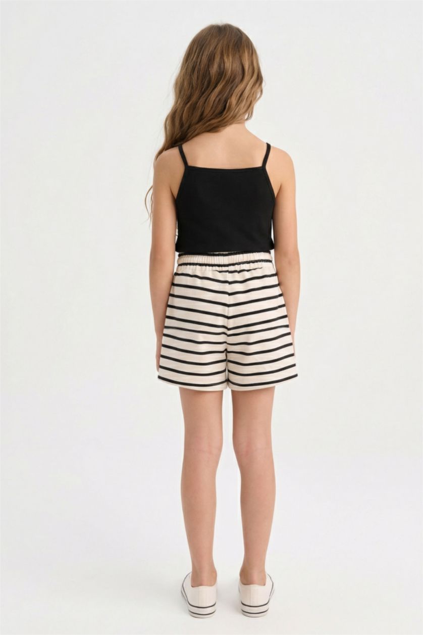 Kız Çocuk - Genç Kız Siyah Beli Lastikli Çizgili Şort Kız Çocuk