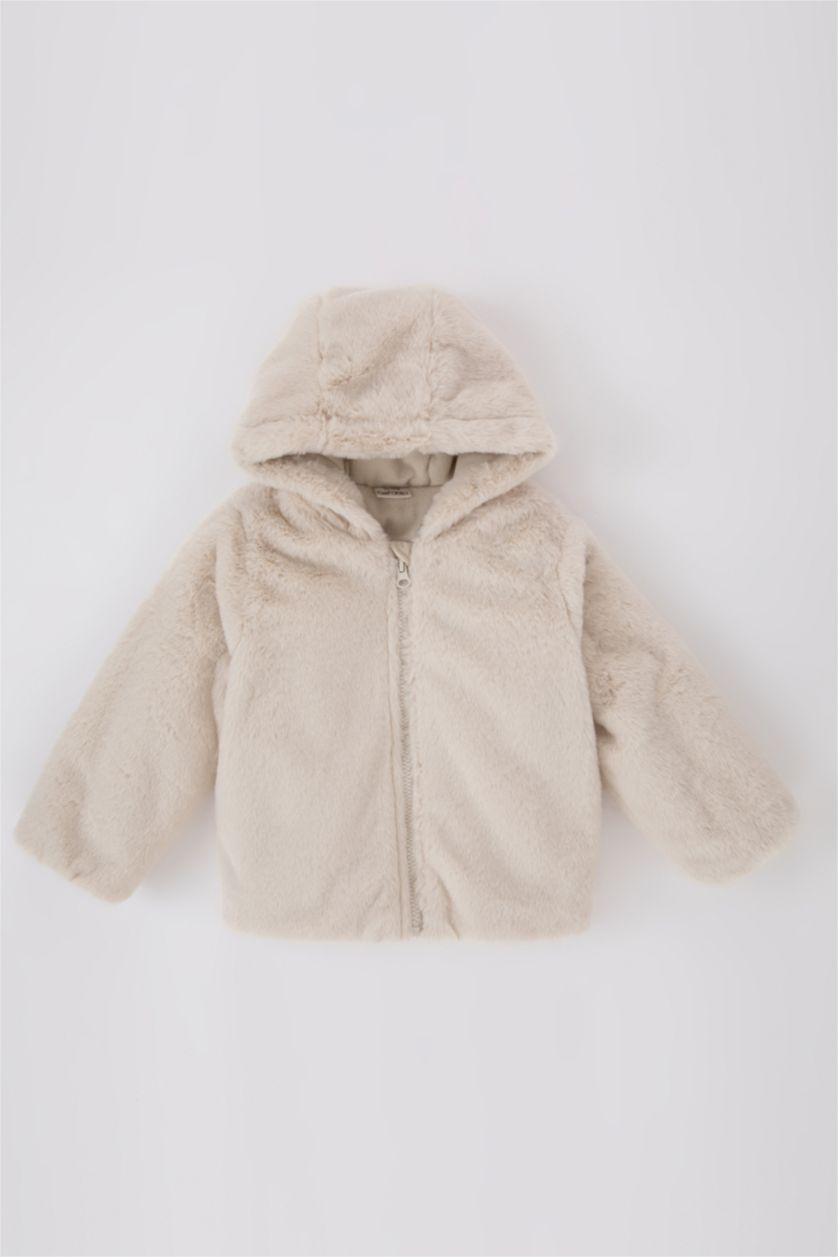 Baby Girl Beige Baby Girl Hooded Plush Jacket