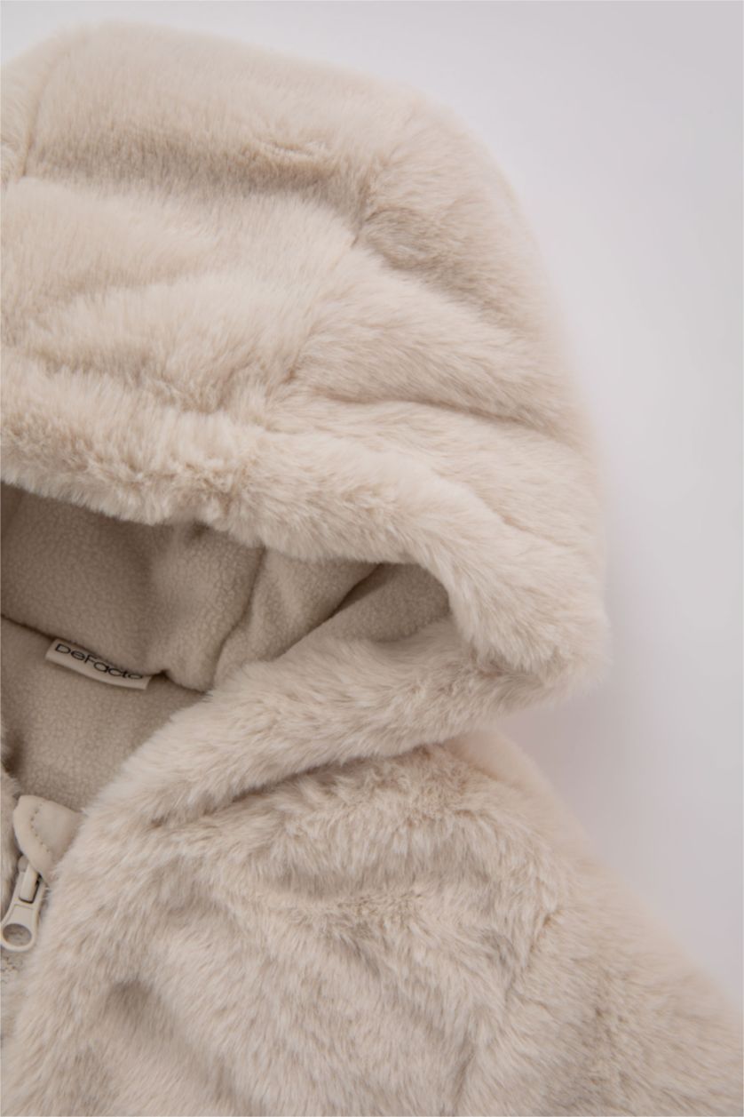 Baby Girl Beige Baby Girl Hooded Plush Jacket