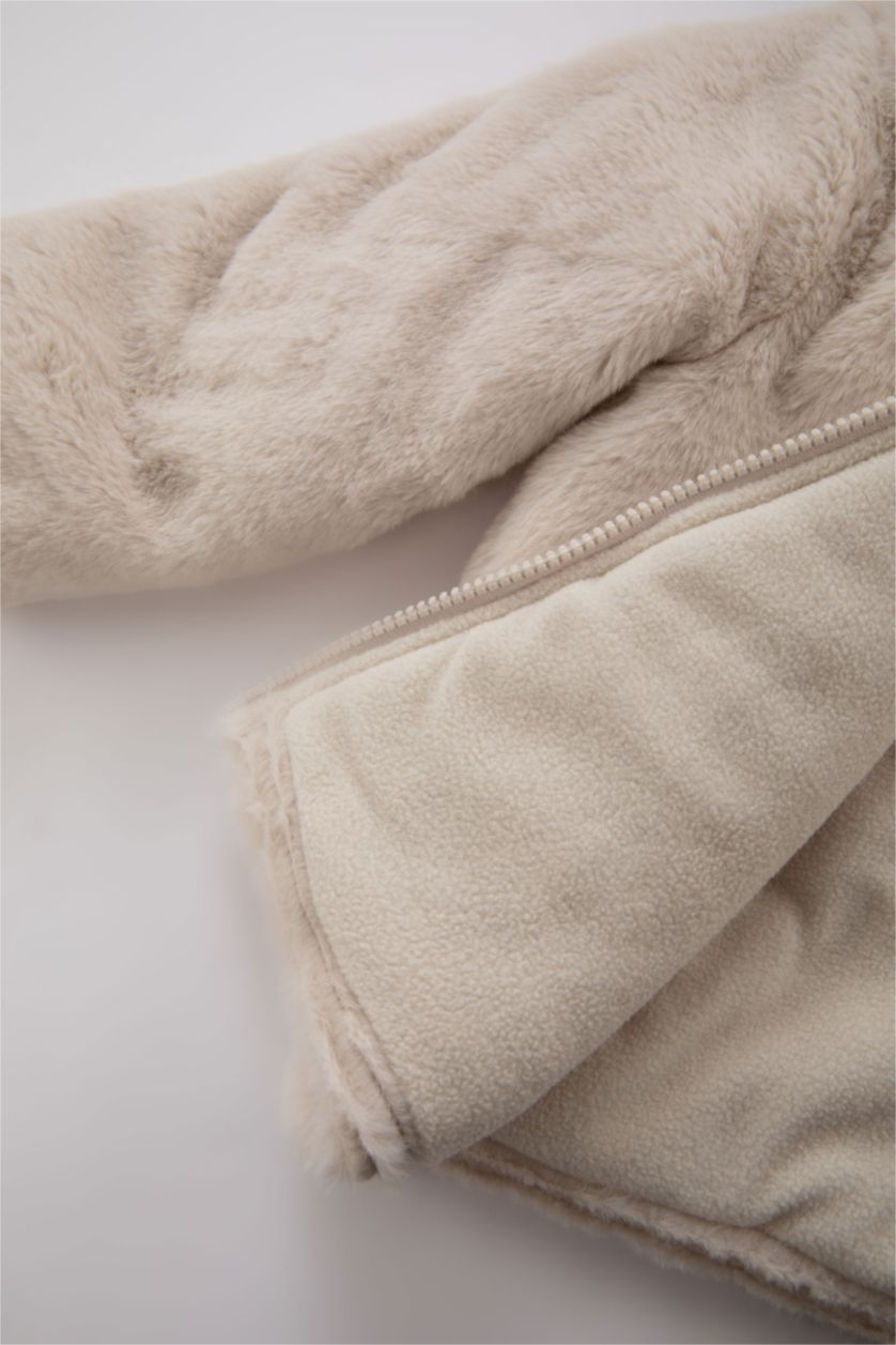 Baby Girl Beige Baby Girl Hooded Plush Jacket