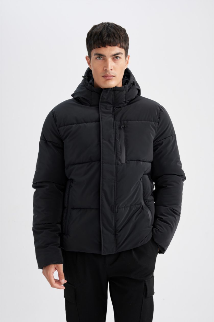 Erkek Siyah Su Geçirmez Şişme Mont Kapüşonlu Fermuarlı Cepli Çıtçıtlı Cepli