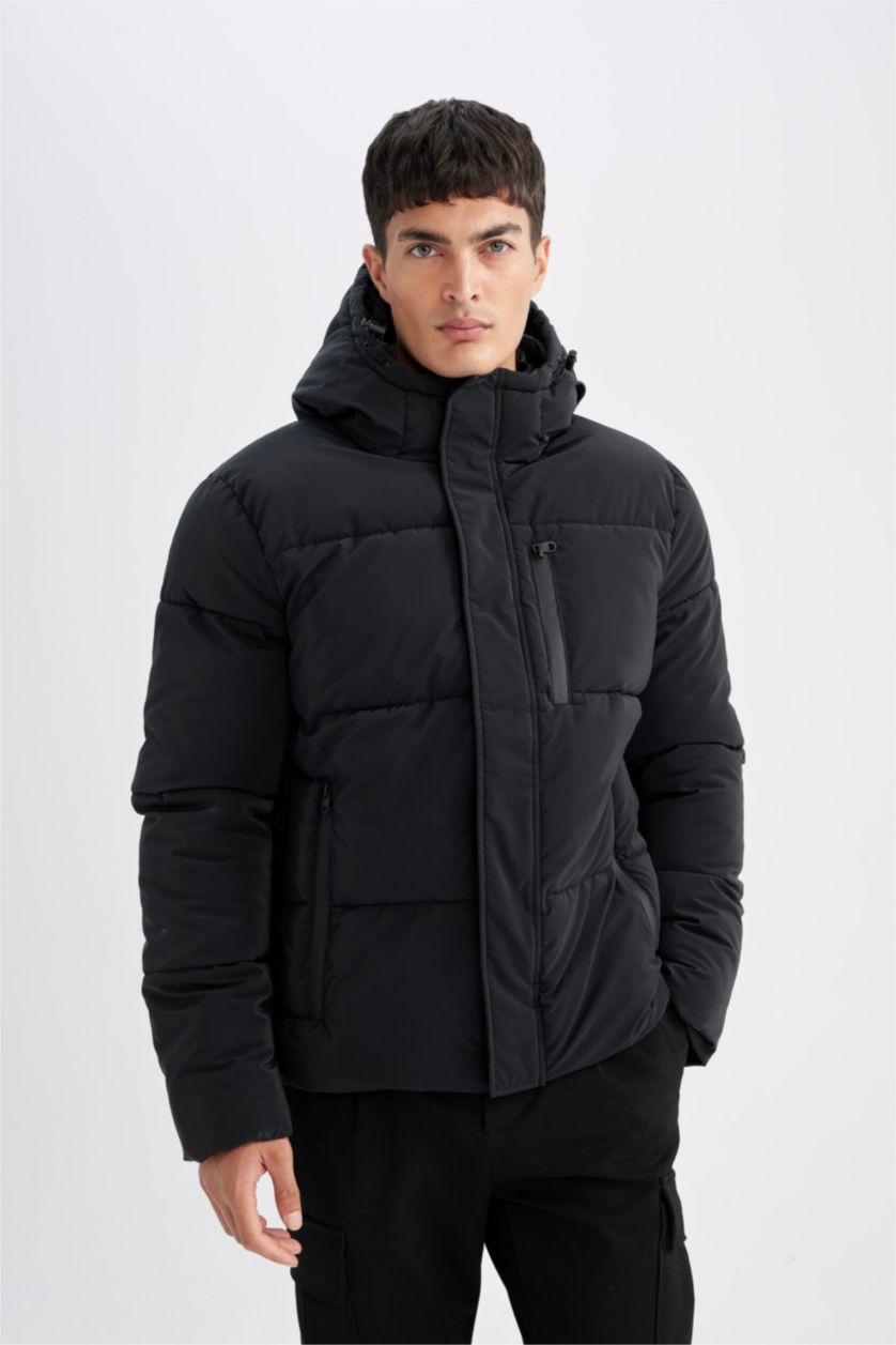 Erkek Siyah Su Geçirmez Şişme Mont Kapüşonlu Fermuarlı Cepli Çıtçıtlı Cepli