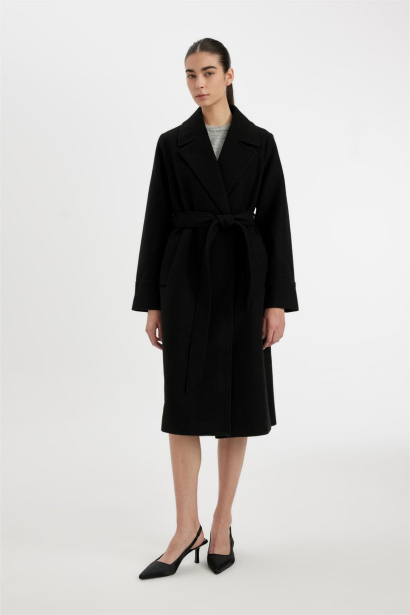 Kadın Siyah Regular Kalıp Kruvaze Yaka Cepli Kemerli Uzun Kaşe Kaban