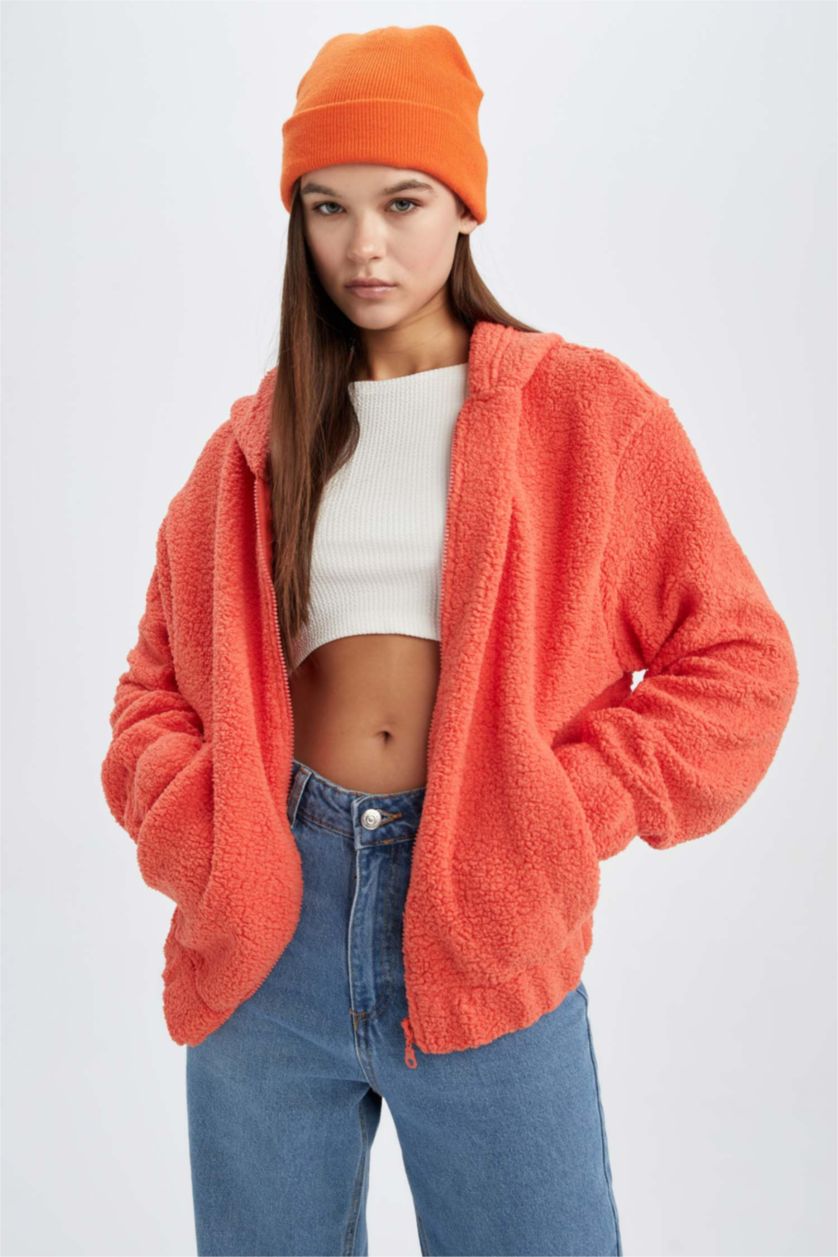 Woman Orange Oversize Fit Welsoft Plush Cardigan