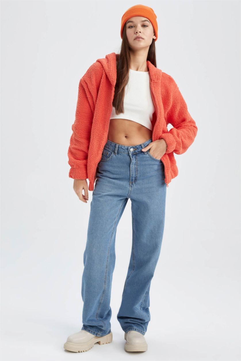 Woman Orange Oversize Fit Welsoft Plush Cardigan