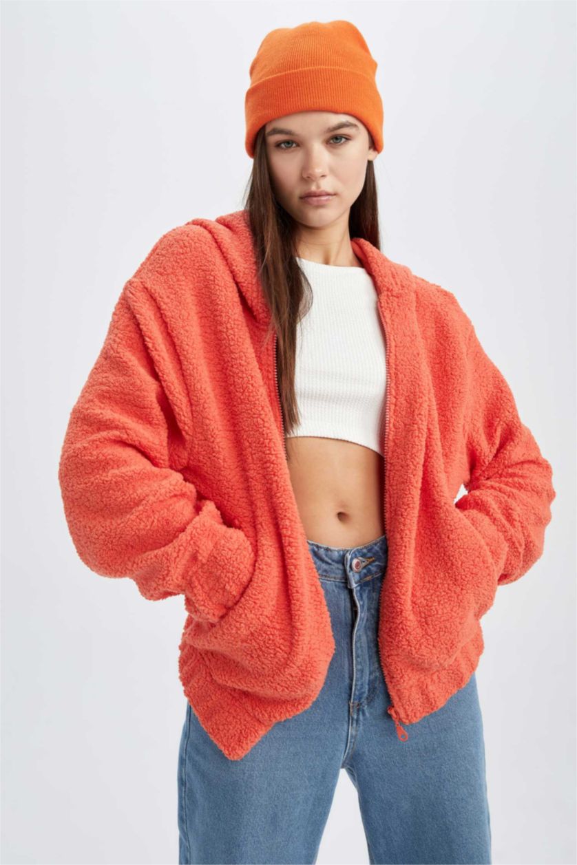 Woman Orange Oversize Fit Welsoft Plush Cardigan