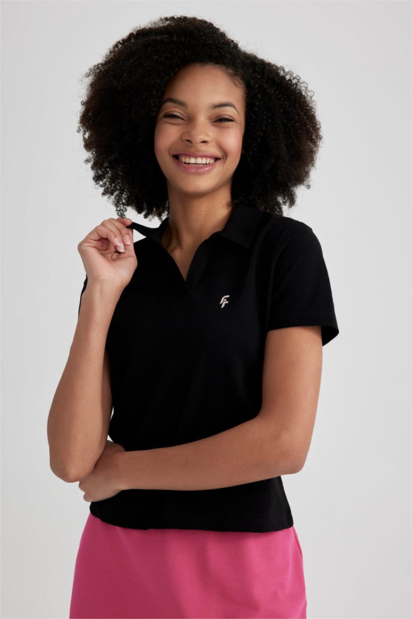 WOMAN Black DeFactoFit Fitted Polo Neck Short Sleeve T-Shirt