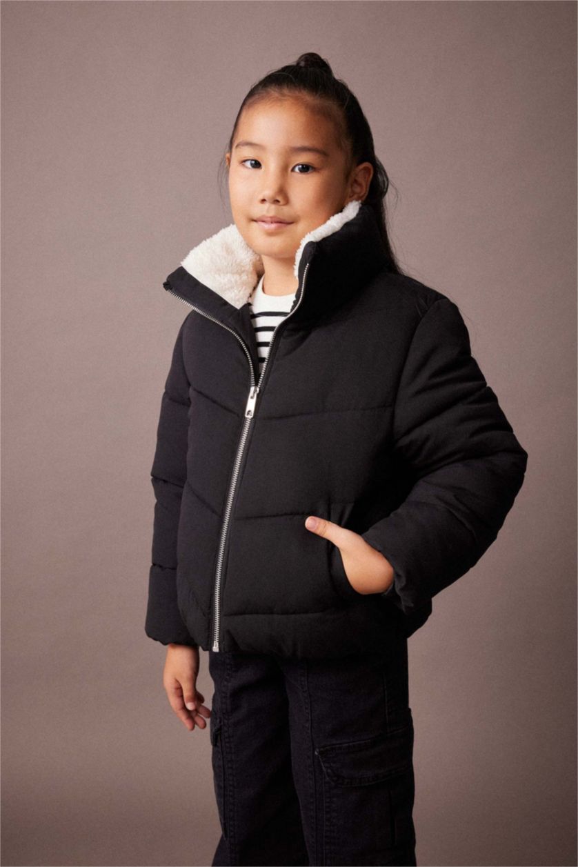 GIRLS & TEENS Black Girl Stand-up Collar Plush Lining Jacket