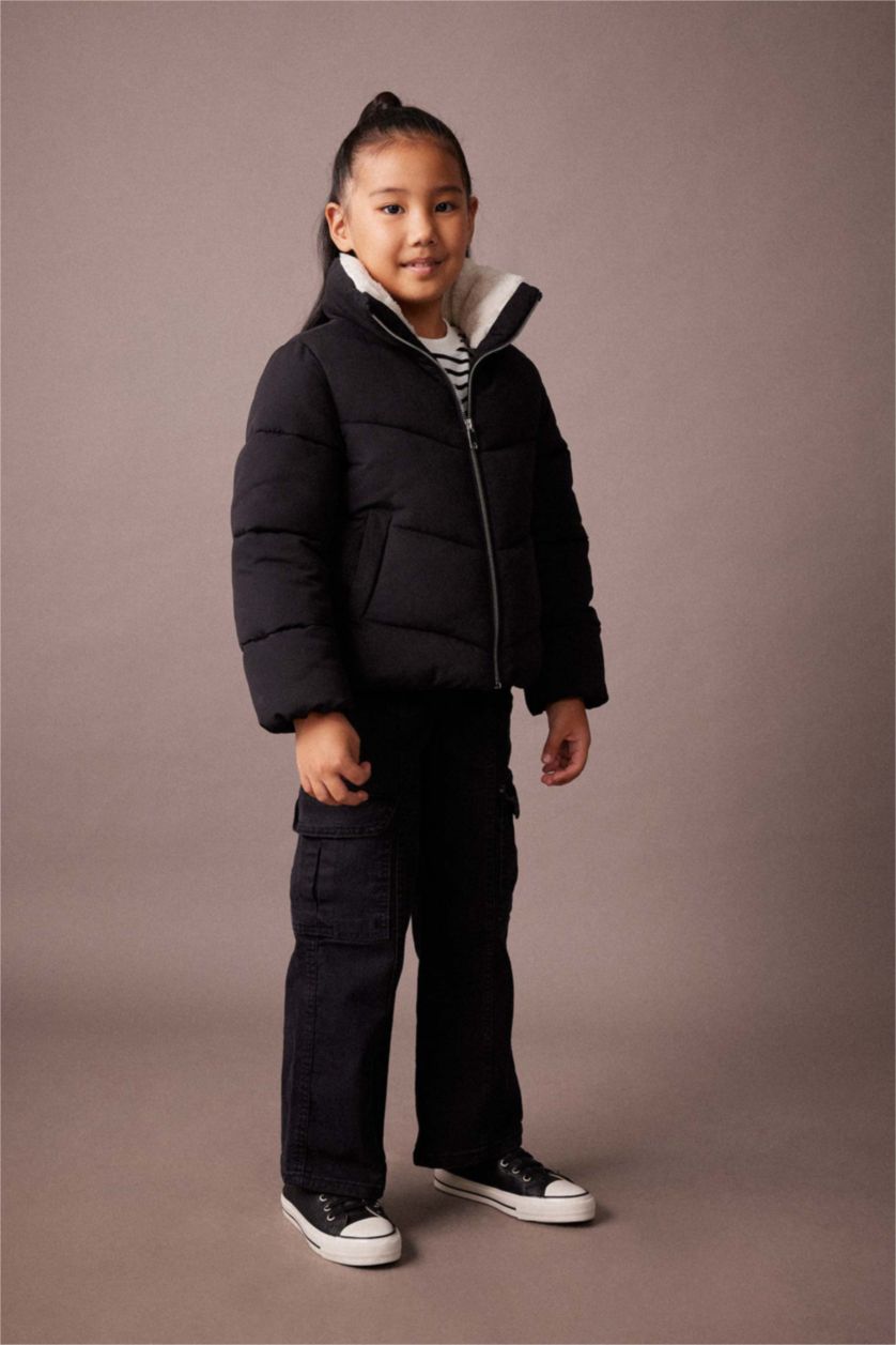 GIRLS & TEENS Black Girl Stand-up Collar Plush Lining Jacket