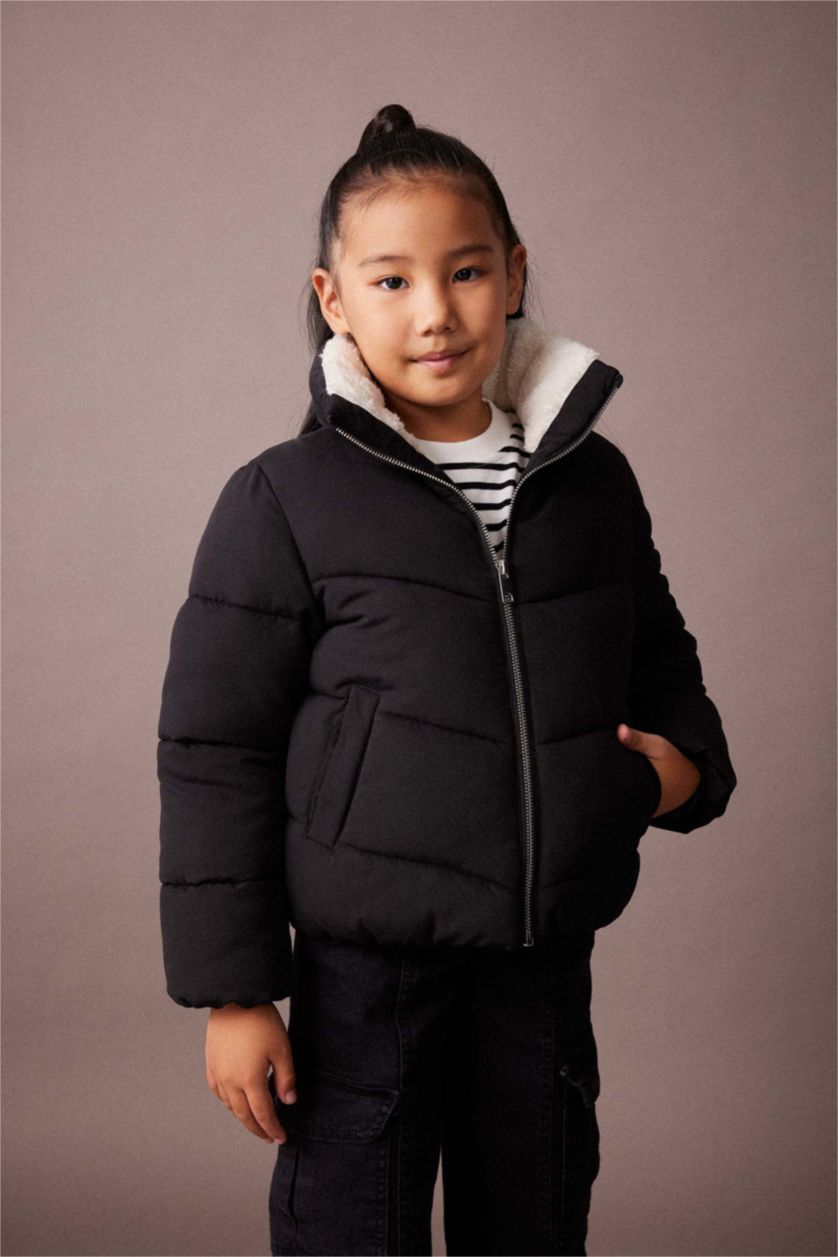 GIRLS & TEENS Black Girl Stand-up Collar Plush Lining Jacket