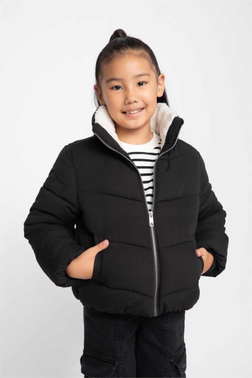 GIRLS & TEENS Black Girl Stand-up Collar Plush Lining Jacket