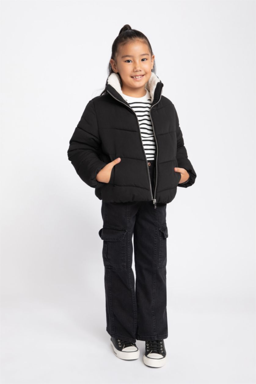 GIRLS & TEENS Black Girl Stand-up Collar Plush Lining Jacket