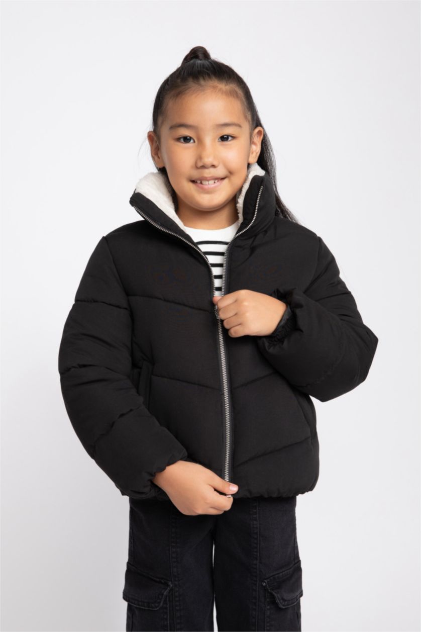 GIRLS & TEENS Black Girl Stand-up Collar Plush Lining Jacket