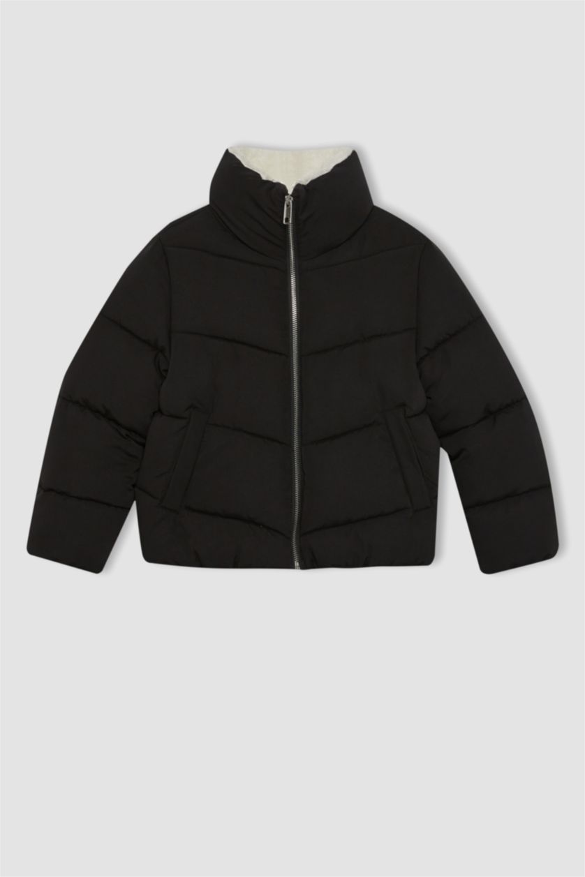 GIRLS & TEENS Black Girl Stand-up Collar Plush Lining Jacket