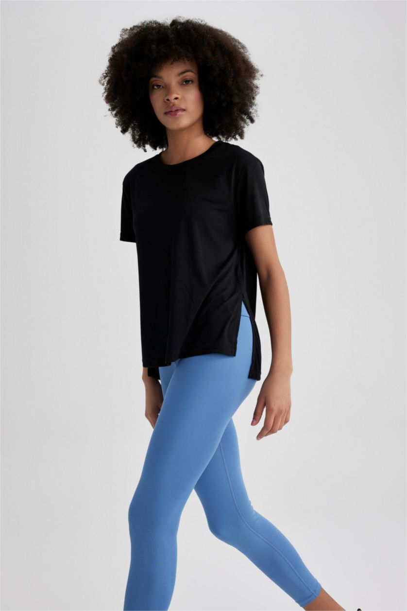 نساء أسود تيشيرت ممشط قصة عادية برقبة مستديرة